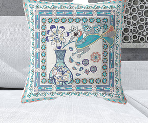 Homeroots 26" X 26" Off White Peacock Blown Seam Floral Indoor Outdoor Throw Pillow   481767