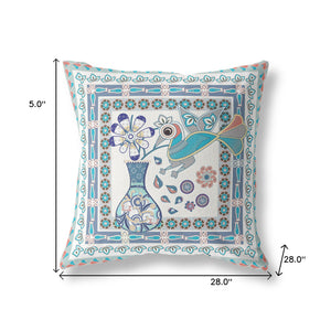 Homeroots 28" X 28" Off White Peacock Blown Seam Floral Indoor Outdoor Throw Pillow   481768