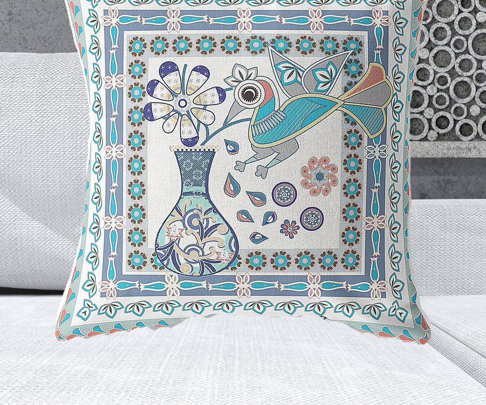 Homeroots 28" X 28" Off White Peacock Blown Seam Floral Indoor Outdoor Throw Pillow   481768