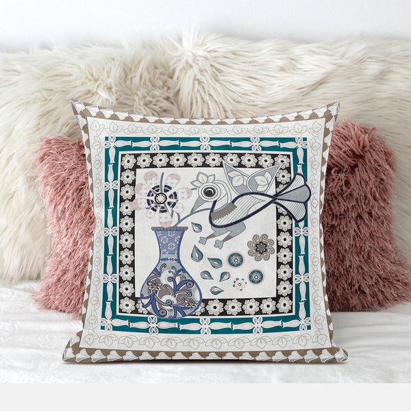 Homeroots 26" X 26" Off White Bird Blown Seam Floral Indoor Outdoor Throw Pillow   481772