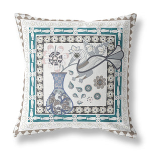 Homeroots 26" X 26" Off White Bird Blown Seam Floral Indoor Outdoor Throw Pillow   481772