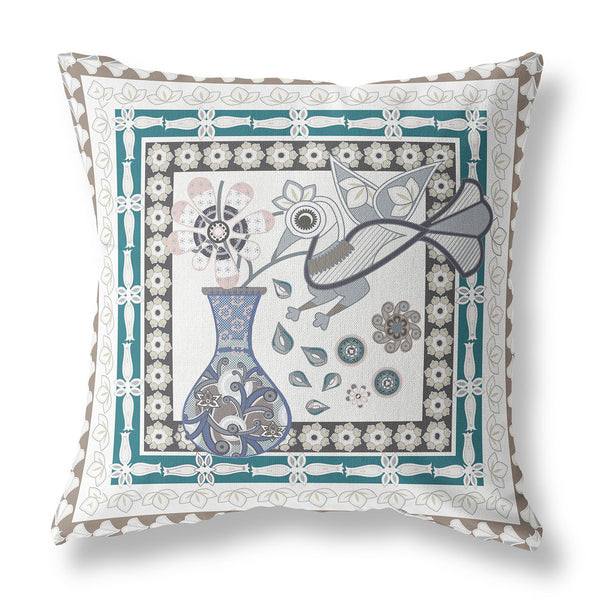 Homeroots 26" X 26" Off White Bird Blown Seam Floral Indoor Outdoor Throw Pillow   481772