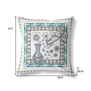 Homeroots 26" X 26" Off White Bird Blown Seam Floral Indoor Outdoor Throw Pillow   481772