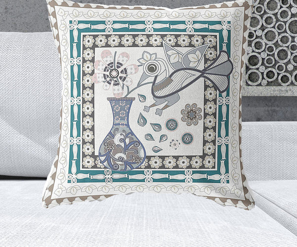 Homeroots 26" X 26" Off White Bird Blown Seam Floral Indoor Outdoor Throw Pillow   481772