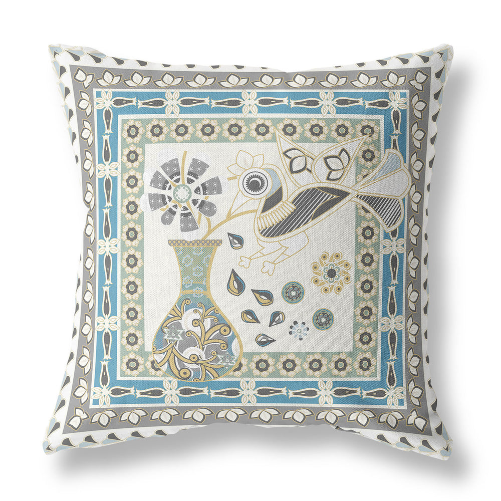 Homeroots 28" X 28" Off White Bird Blown Seam Floral Indoor Outdoor Throw Pillow   481778