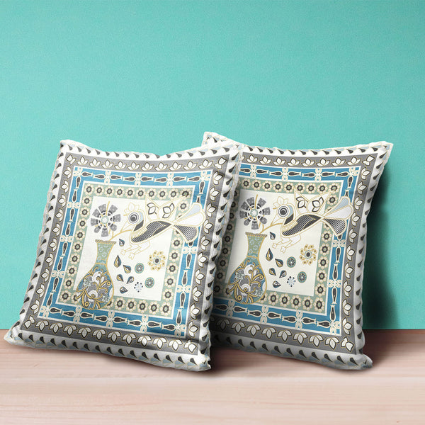 Homeroots 28" X 28" Off White Bird Blown Seam Floral Indoor Outdoor Throw Pillow   481778