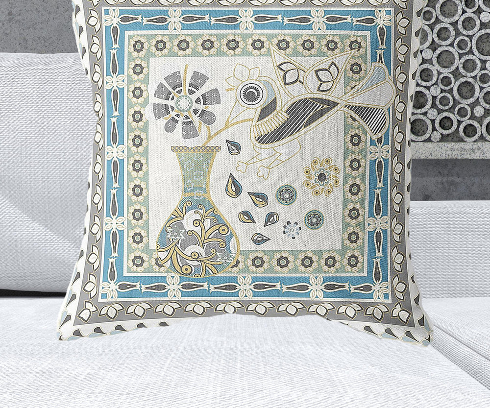 Homeroots 28" X 28" Off White Bird Blown Seam Floral Indoor Outdoor Throw Pillow   481778