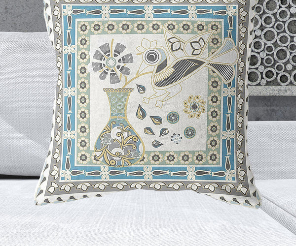 Homeroots 28" X 28" Off White Bird Blown Seam Floral Indoor Outdoor Throw Pillow   481778