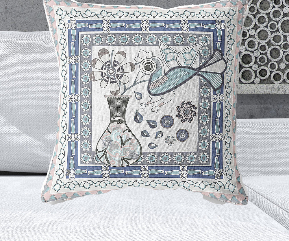 Homeroots 26" X 26" Pink And White Bird Blown Seam Floral Indoor Outdoor Throw Pillow   481782