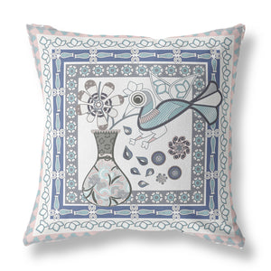 Homeroots 28" X 28" Pink And White Bird Blown Seam Floral Indoor Outdoor Throw Pillow   481783