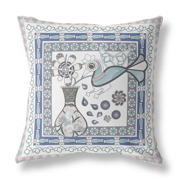 Homeroots 28" X 28" Pink And White Bird Blown Seam Floral Indoor Outdoor Throw Pillow   481783