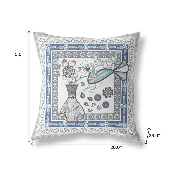 Homeroots 28" X 28" Pink And White Bird Blown Seam Floral Indoor Outdoor Throw Pillow   481783