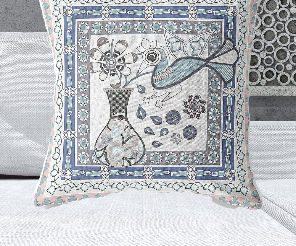 Homeroots 28" X 28" Pink And White Bird Blown Seam Floral Indoor Outdoor Throw Pillow   481783