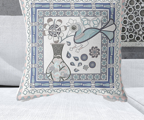 Homeroots 28" X 28" Pink And White Bird Blown Seam Floral Indoor Outdoor Throw Pillow   481783