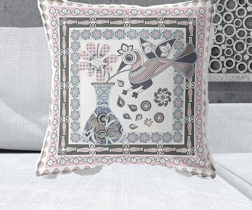 Homeroots 26" X 26" Pink And Grey Bird Blown Seam Floral Indoor Outdoor Throw Pillow   481787