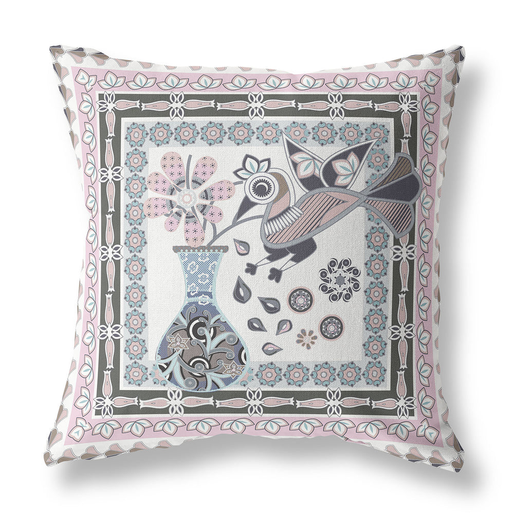 Homeroots 28" X 28" Pink And Grey Bird Blown Seam Floral Indoor Outdoor Throw Pillow   481788