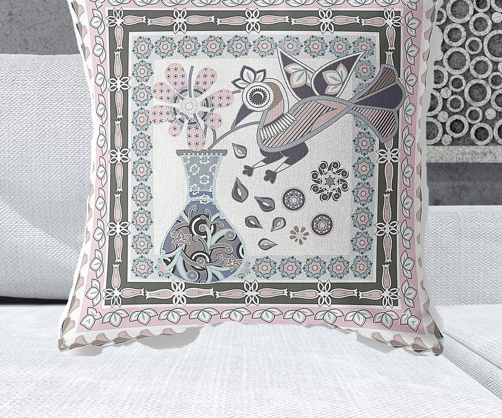 Homeroots 28" X 28" Pink And Grey Bird Blown Seam Floral Indoor Outdoor Throw Pillow   481788