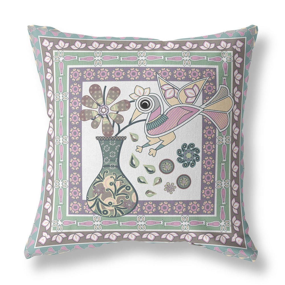Homeroots 26" X 26" Pink Bird Blown Seam Floral Indoor Outdoor Throw Pillow   481792