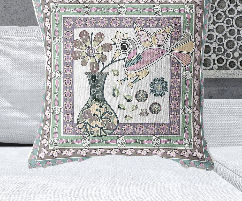 Homeroots 28" X 28" Pink Bird Blown Seam Floral Indoor Outdoor Throw Pillow   481793