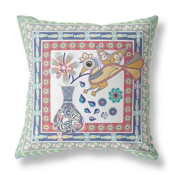 Homeroots 26" X 26" Red Bird Blown Seam Floral Indoor Outdoor Throw Pillow   481797