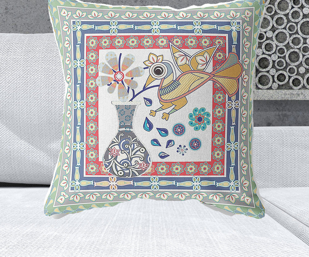 Homeroots 26" X 26" Red Bird Blown Seam Floral Indoor Outdoor Throw Pillow   481797