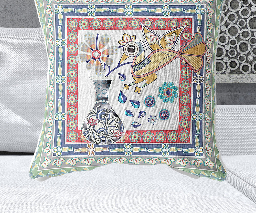 Homeroots 28" X 28" Red Bird Blown Seam Floral Indoor Outdoor Throw Pillow   481798