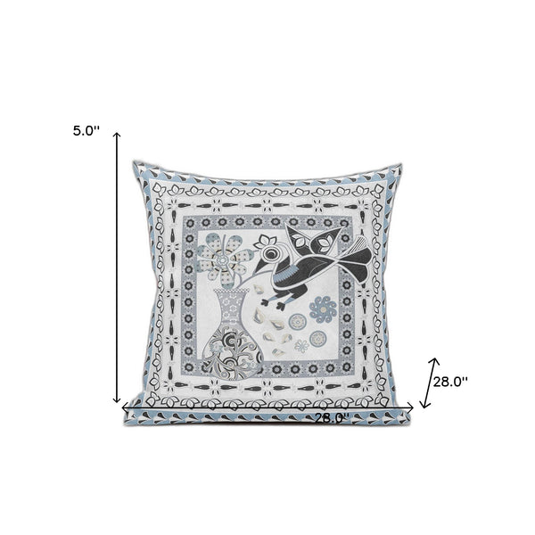 Homeroots 28" X 28" Blue And White Bird Blown Seam Floral Indoor Outdoor Throw Pillow   481808
