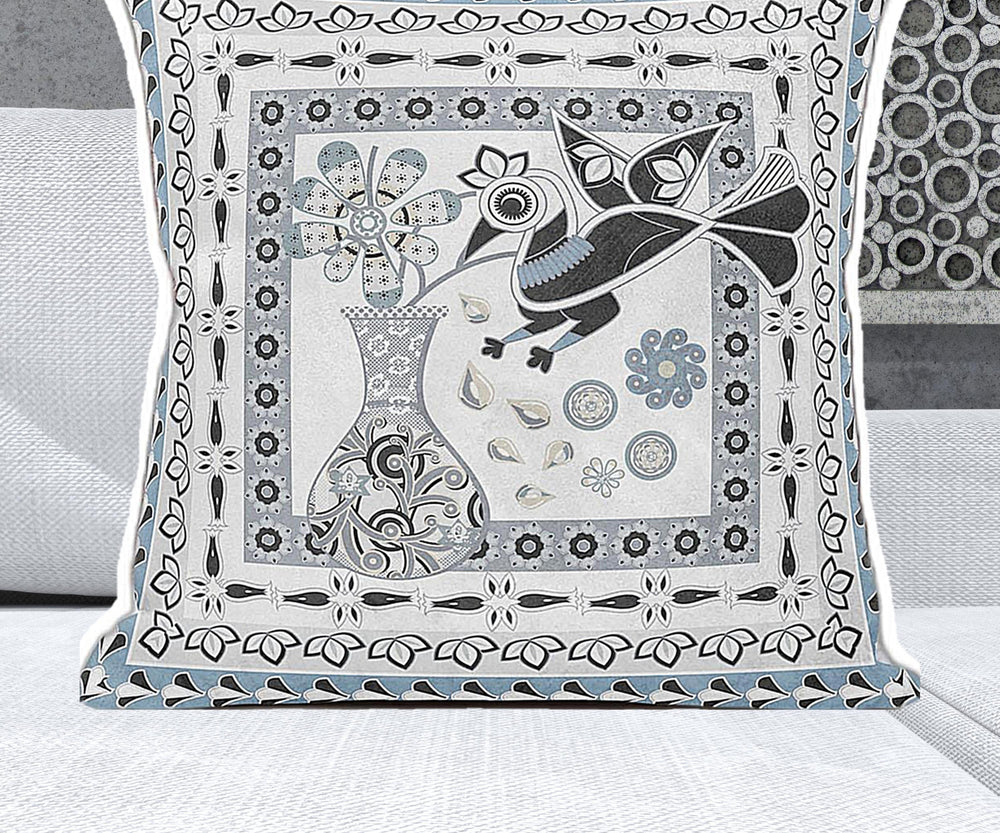 Homeroots 28" X 28" Blue And White Bird Blown Seam Floral Indoor Outdoor Throw Pillow   481808