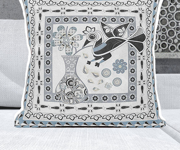 Homeroots 28" X 28" Blue And White Bird Blown Seam Floral Indoor Outdoor Throw Pillow   481808