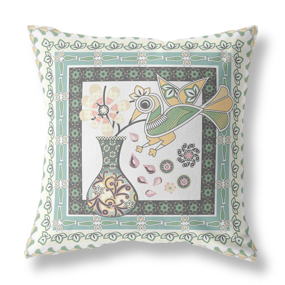 Homeroots 26" X 26" Green And White Bird Blown Seam Floral Indoor Outdoor Throw Pillow   481812