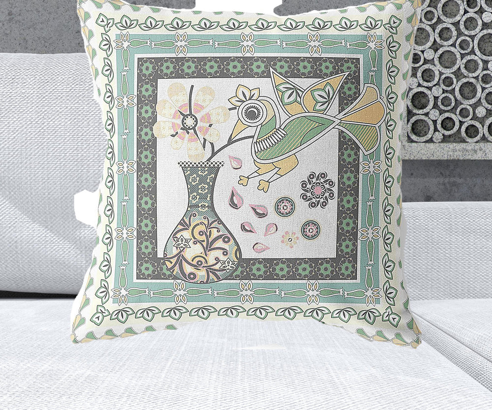 Homeroots 26" X 26" Green And White Bird Blown Seam Floral Indoor Outdoor Throw Pillow   481812