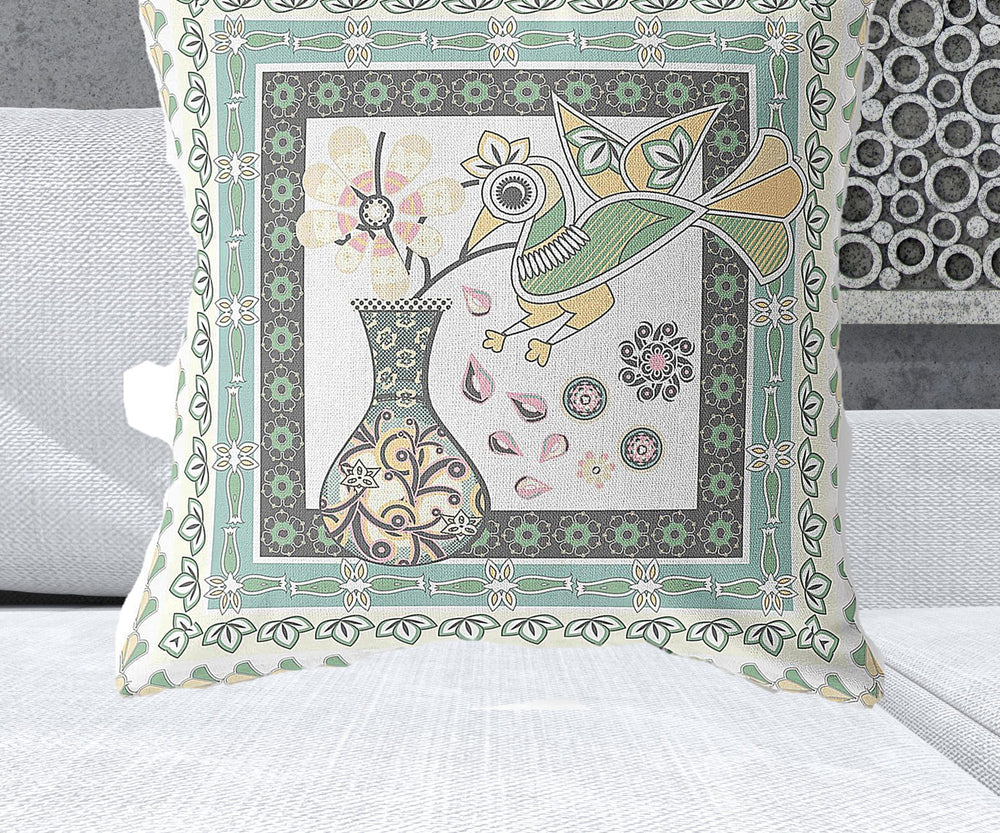 Homeroots 28" X 28" Green And White Bird Blown Seam Floral Indoor Outdoor Throw Pillow   481813
