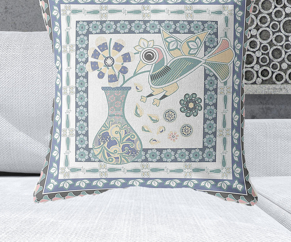 Homeroots 28" X 28" Blue And White Bird Blown Seam Floral Indoor Outdoor Throw Pillow   481818
