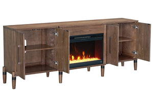 English Elm Tranquility Walnut Fireplace Tv Stand with Mid-century Legs Fits Tvs up to 90 Inches B108P411438
