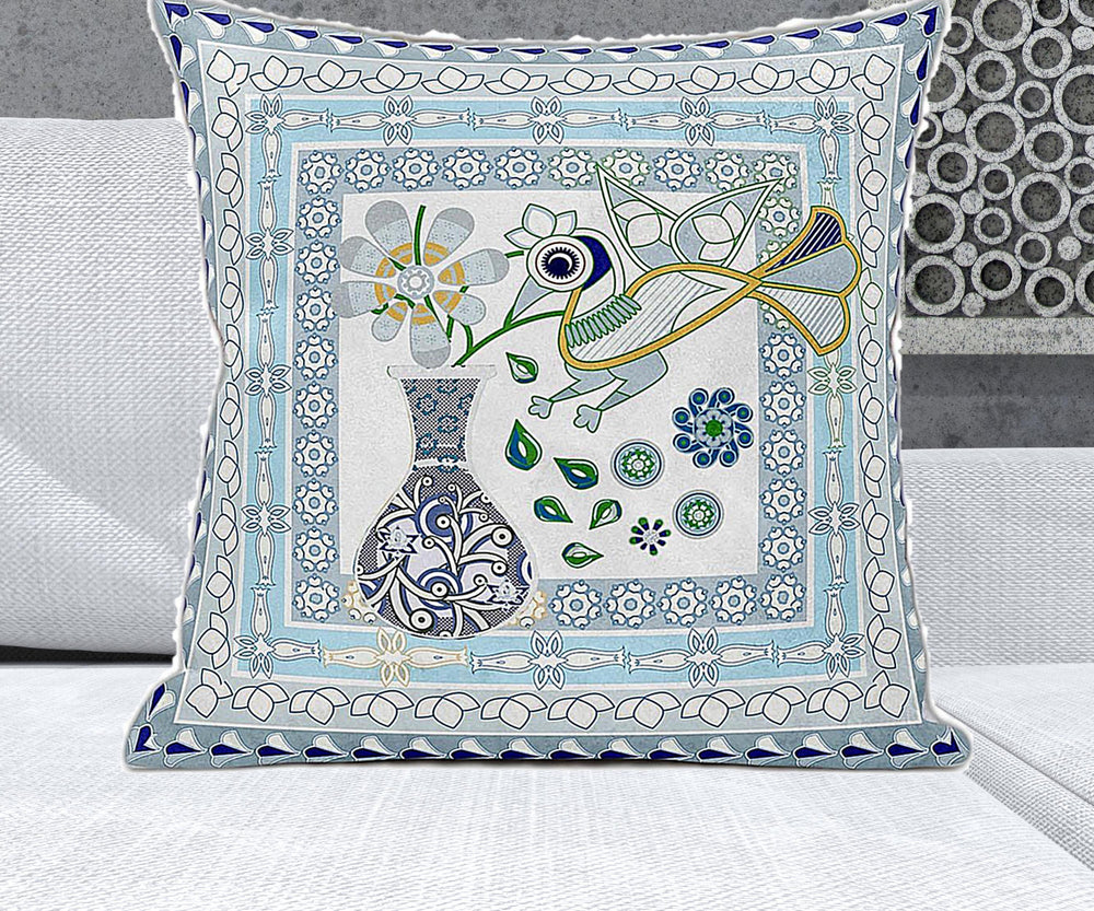 Homeroots 26" X 26" White And Grey Bird Blown Seam Floral Indoor Outdoor Throw Pillow   481822