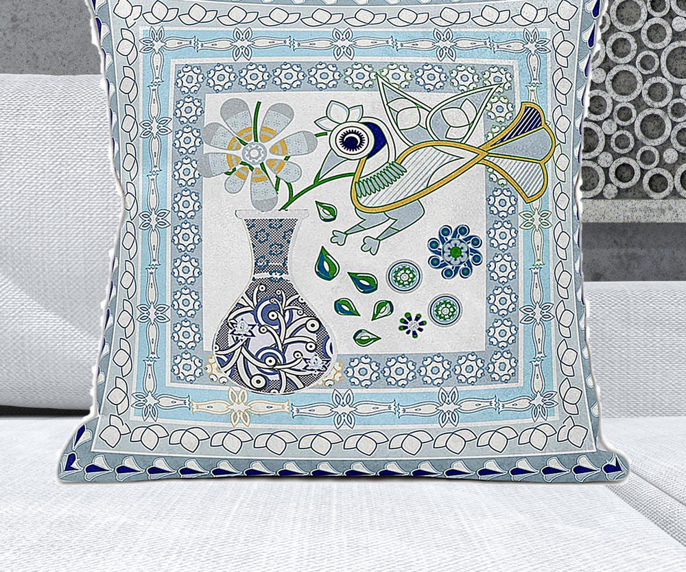 Homeroots 28" X 28" White And Grey Bird Blown Seam Floral Indoor Outdoor Throw Pillow   481823