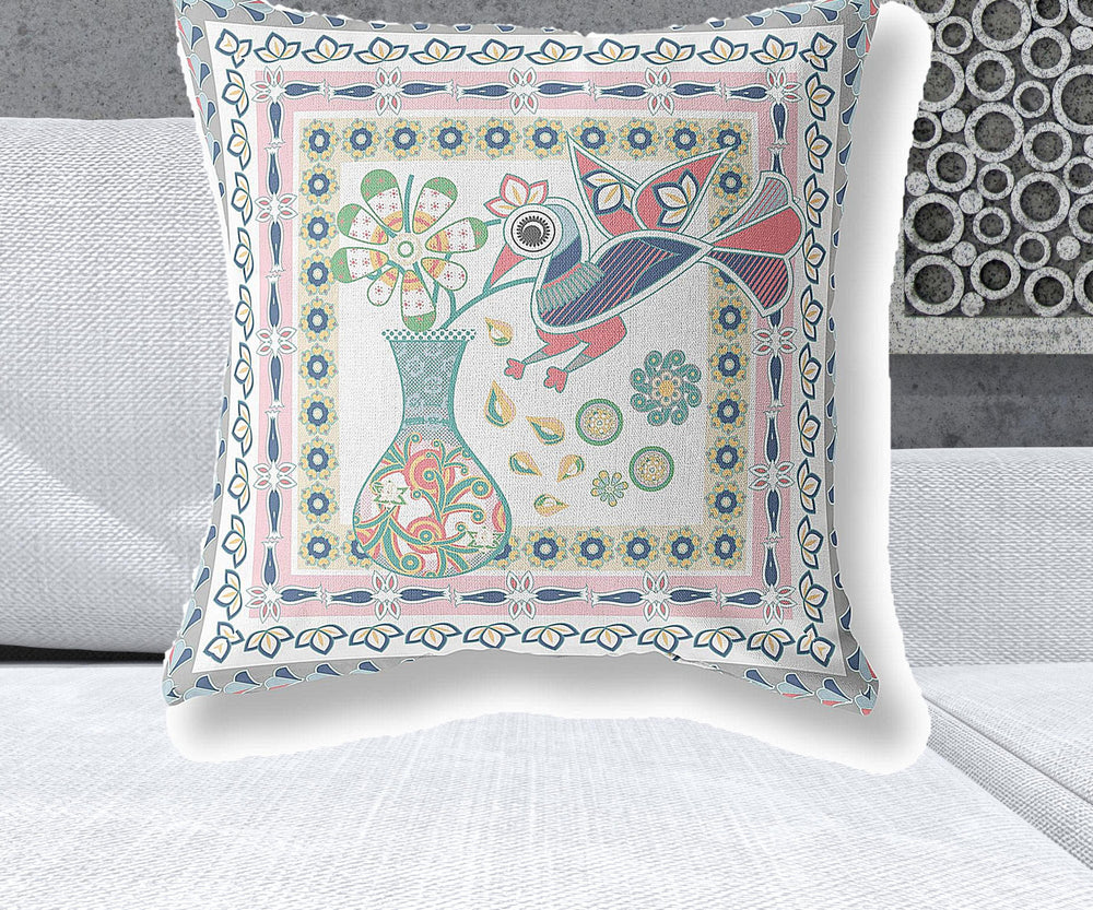 Homeroots 26" X 26" White And Grey Bird Blown Seam Floral Indoor Outdoor Throw Pillow   481827