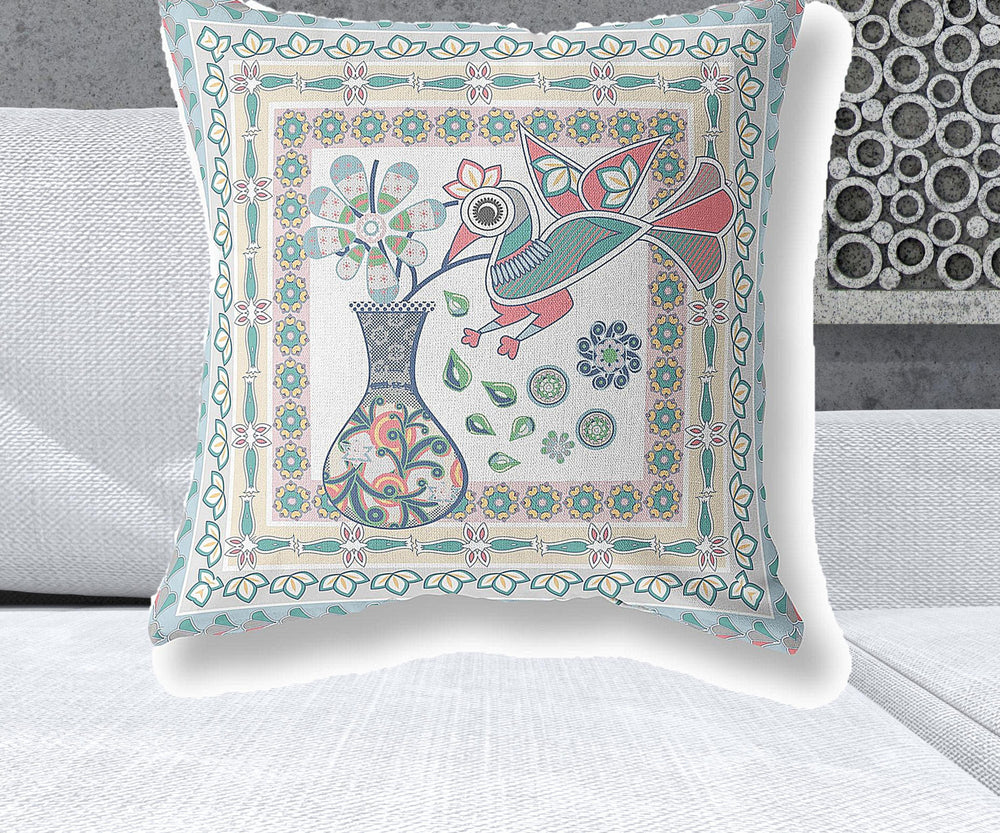 Homeroots 26" X 26" White And Blue Bird Blown Seam Floral Indoor Outdoor Throw Pillow   481832