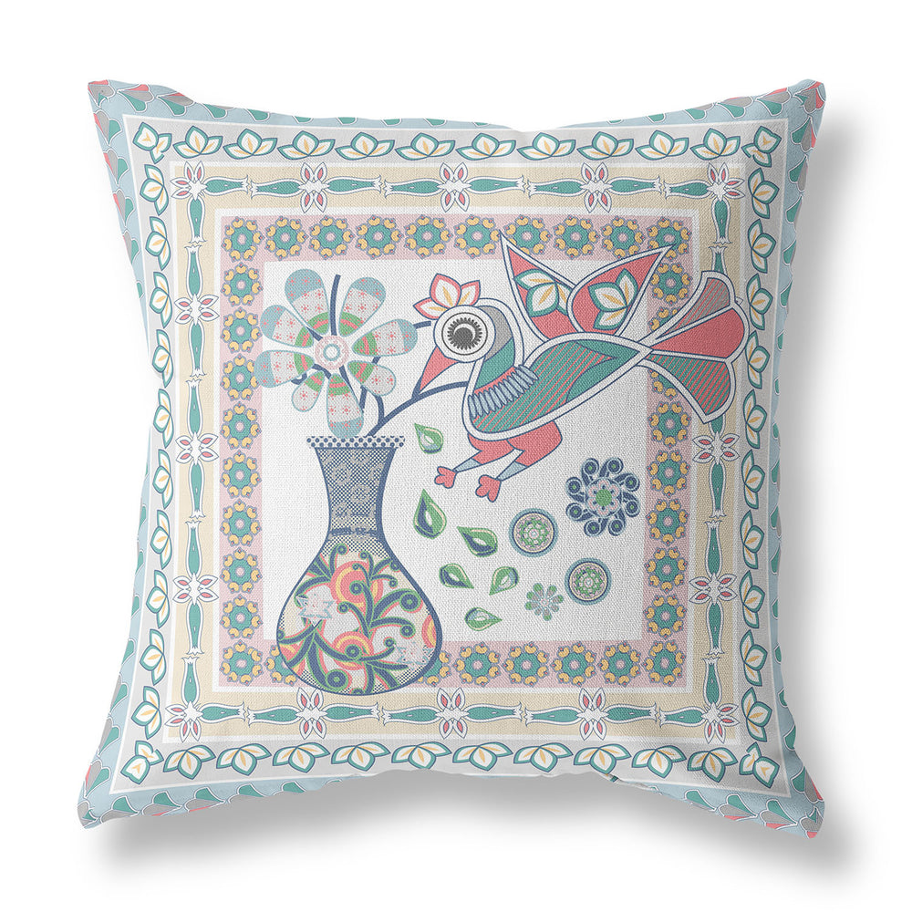 Homeroots 28" X 28" White And Blue Bird Blown Seam Floral Indoor Outdoor Throw Pillow   481833