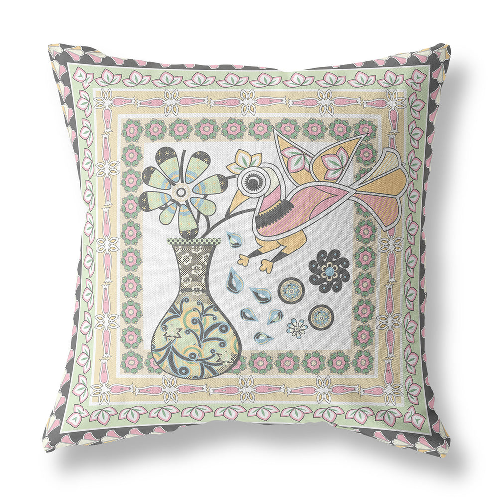 Homeroots 26" X 26" White And Green Bird Blown Seam Floral Indoor Outdoor Throw Pillow   481837