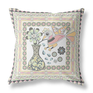 Homeroots 26" X 26" White And Green Bird Blown Seam Floral Indoor Outdoor Throw Pillow   481837