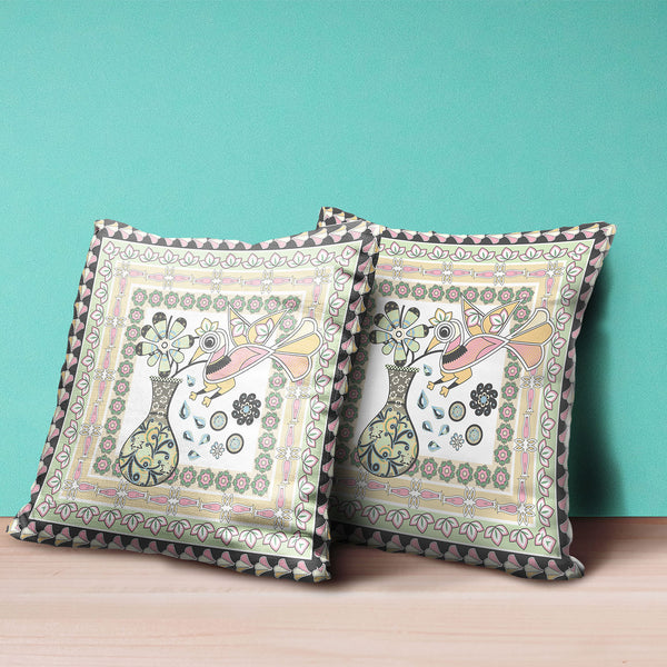 Homeroots 26" X 26" White And Green Bird Blown Seam Floral Indoor Outdoor Throw Pillow   481837