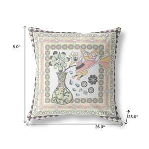 Homeroots 26" X 26" White And Green Bird Blown Seam Floral Indoor Outdoor Throw Pillow   481837