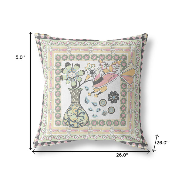 Homeroots 26" X 26" White And Green Bird Blown Seam Floral Indoor Outdoor Throw Pillow   481837