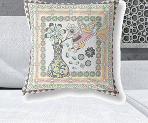 Homeroots 26" X 26" White And Green Bird Blown Seam Floral Indoor Outdoor Throw Pillow   481837
