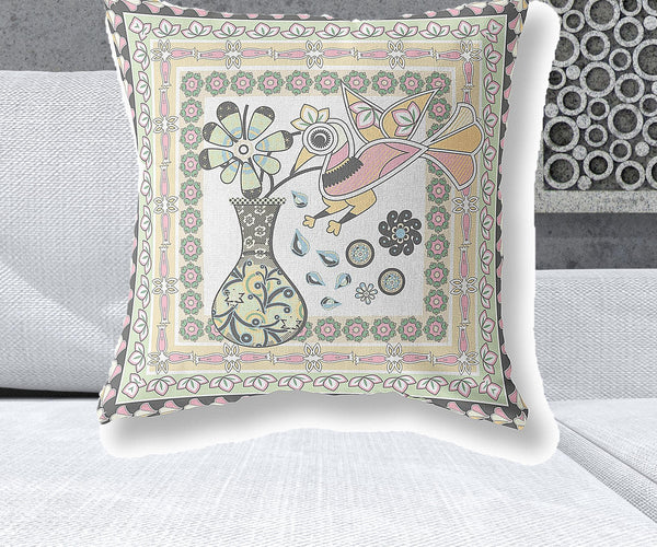 Homeroots 26" X 26" White And Green Bird Blown Seam Floral Indoor Outdoor Throw Pillow   481837