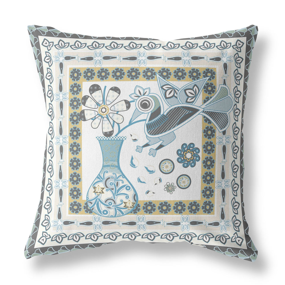 Homeroots 28" X 28" Blue And White Peacock Blown Seam Floral Indoor Outdoor Throw Pillow  Polyester And Cotton Blend 481843