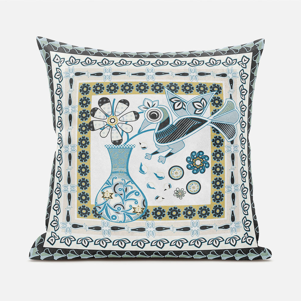 Homeroots 28" X 28" Blue And White Peacock Blown Seam Floral Indoor Outdoor Throw Pillow  Polyester And Cotton Blend 481843