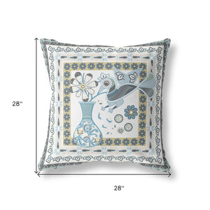 Homeroots 28" X 28" Blue And White Peacock Blown Seam Floral Indoor Outdoor Throw Pillow  Polyester And Cotton Blend 481843