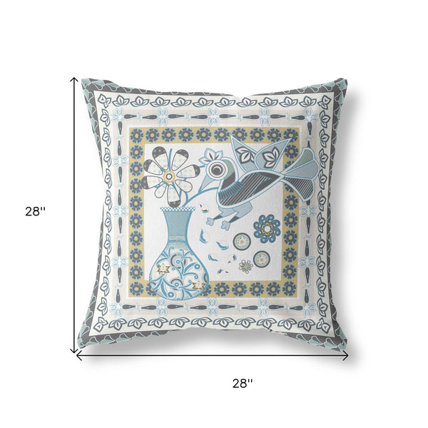Homeroots 28" X 28" Blue And White Peacock Blown Seam Floral Indoor Outdoor Throw Pillow  Polyester And Cotton Blend 481843